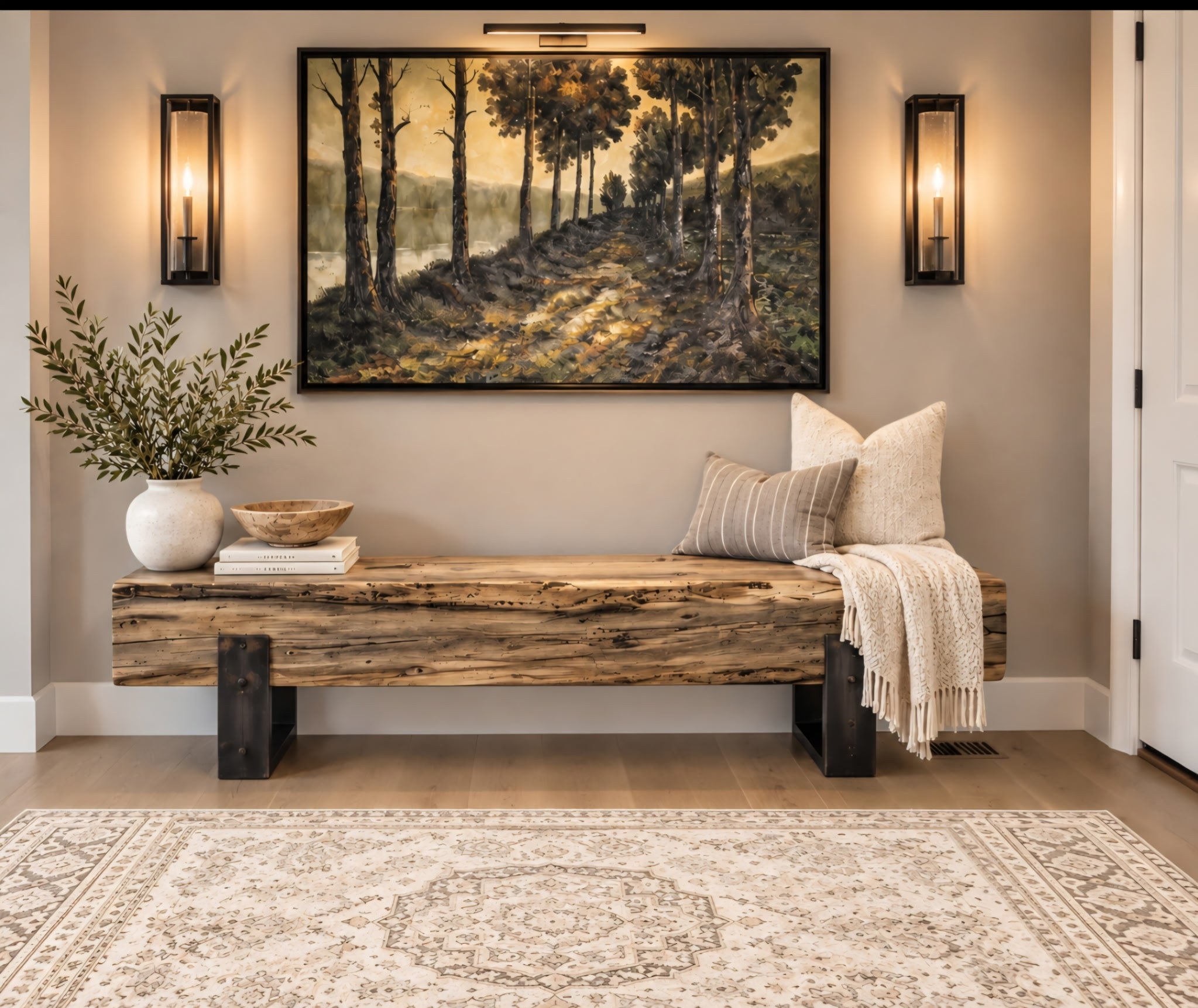 Blue-stained pine furniture in a warmly lit home