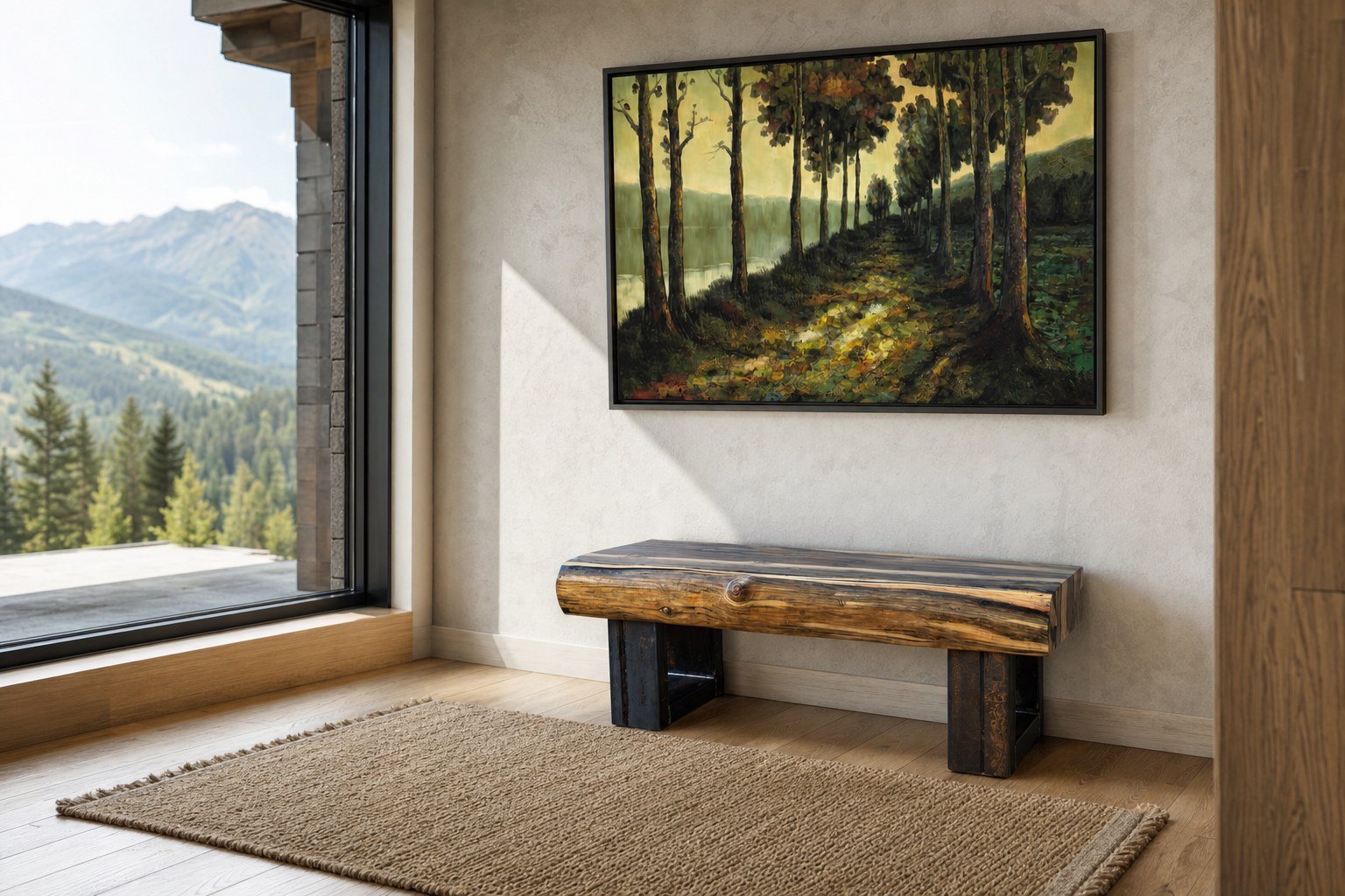 Blue-stained pine bench in a modern Colorado mountain home entryway