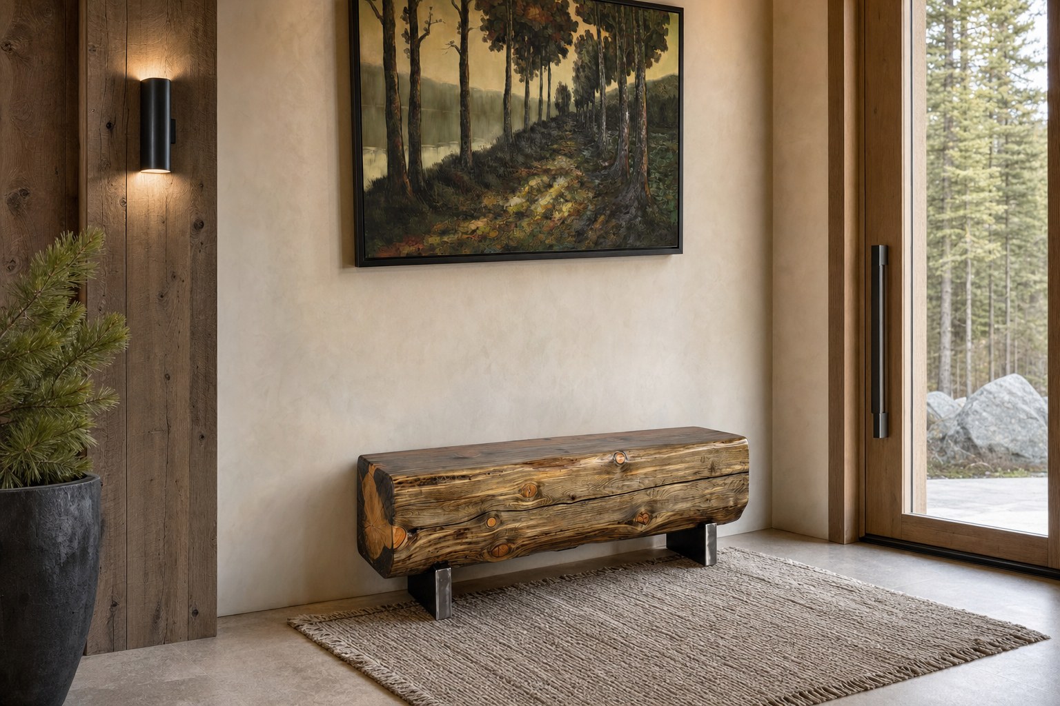 Blue-stained pine bench in a warm modern mountain home foyer