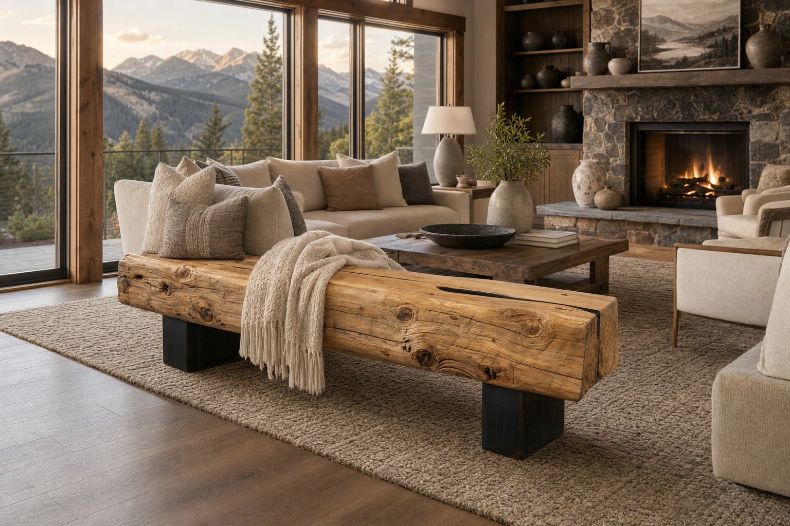 Blue-stained pine bench in a modern Colorado mountain home great room