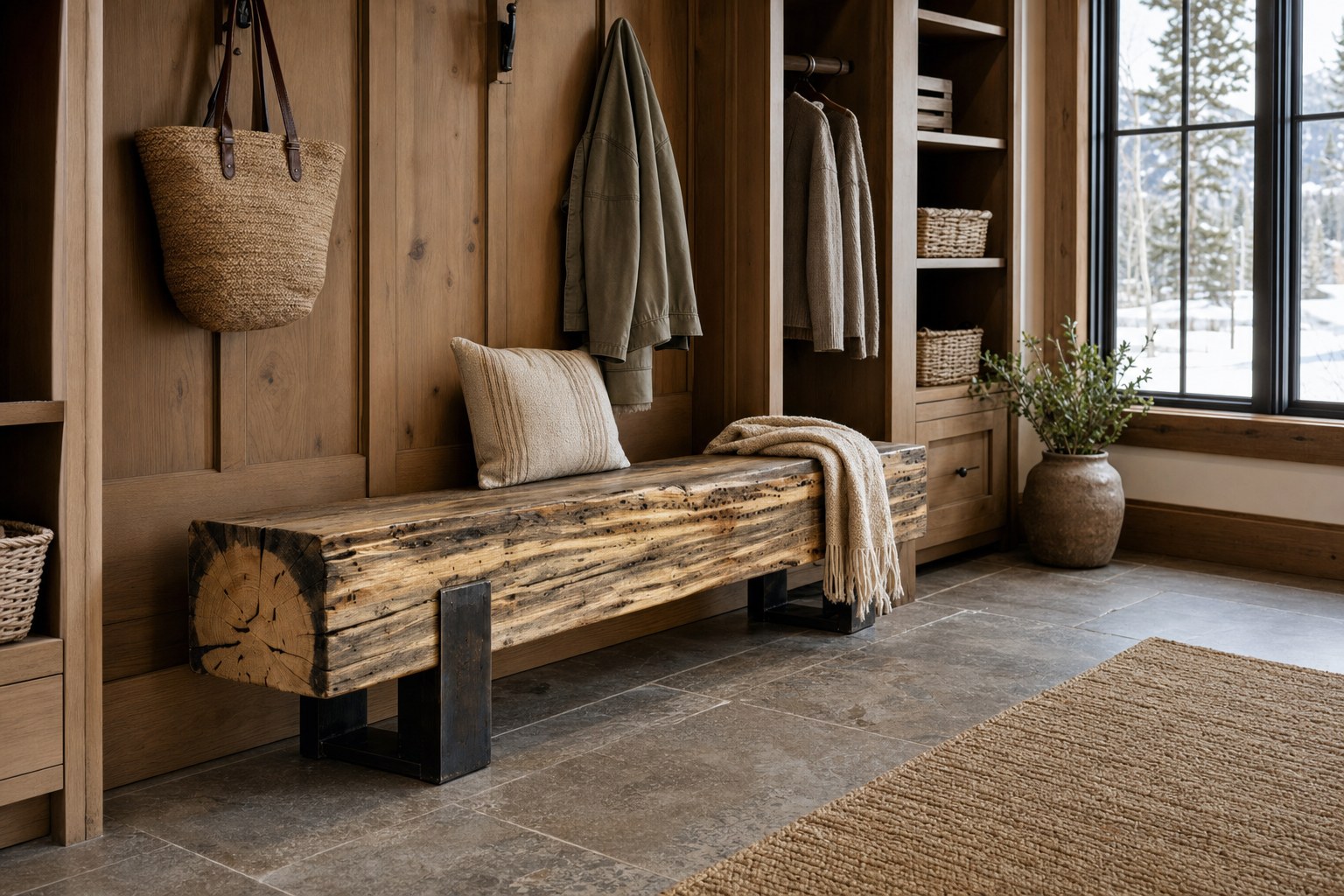 Blue-stained pine bench in a modern Colorado mountain home mudroom