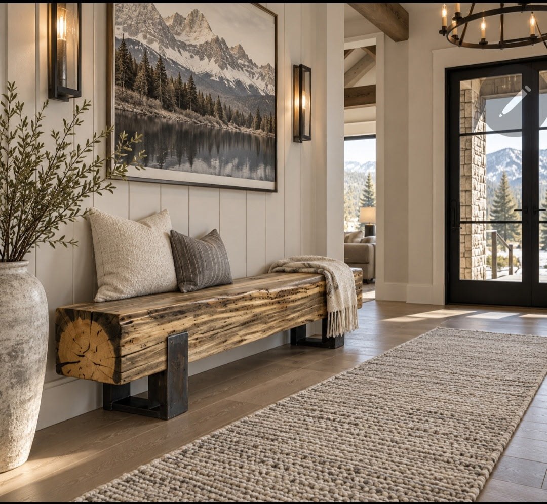 Handcrafted pine bench with a satin resin finish and steel base