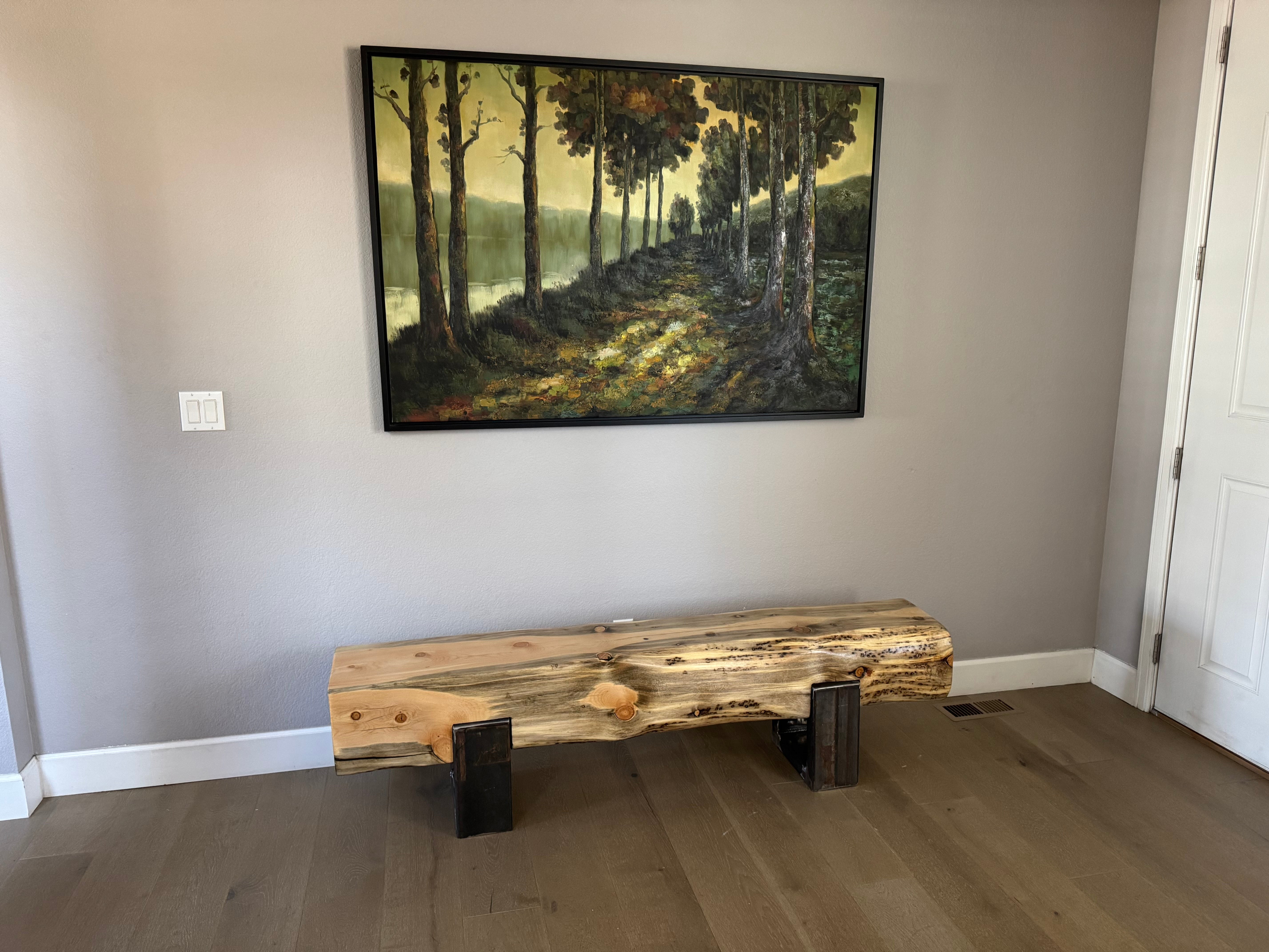 Natural blue-gray figure in a prepared blue-stained pine bench