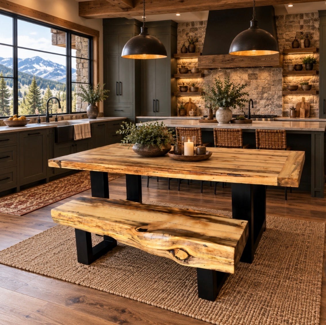 Blue-stained pine dining table and live-edge bench in a finished set