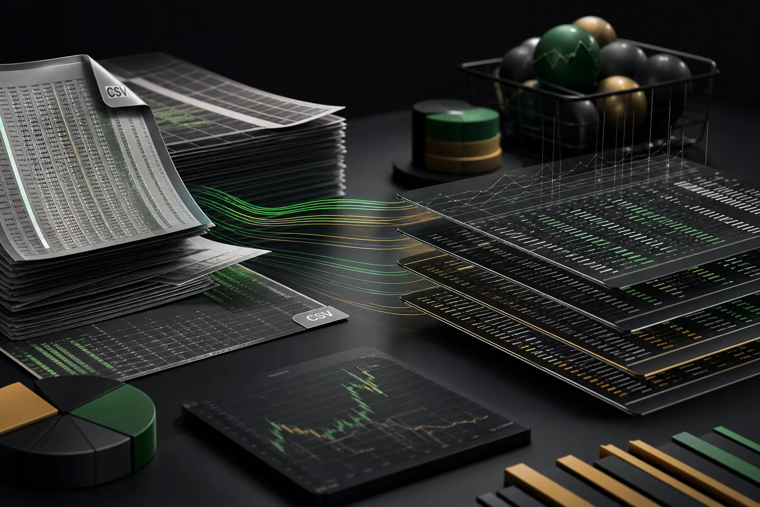 ETF data files and analysis tables arranged on a dark institutional data desk