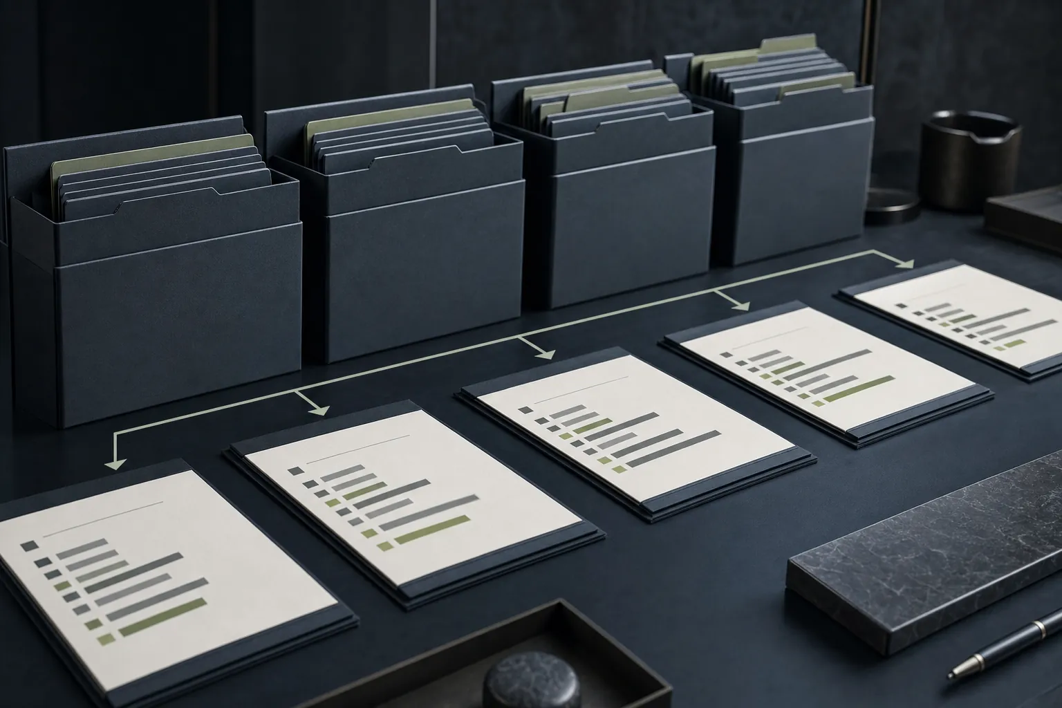 Ordered archive folders and portfolio sheets showing a sequence of ETF composition records over time