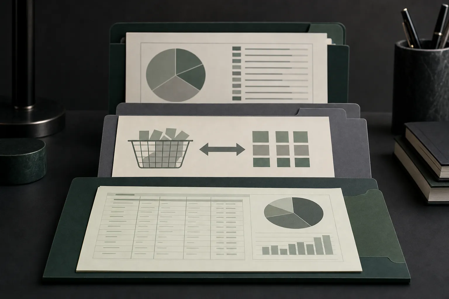 Three organized ETF data sheets representing full holdings, creation baskets and index components