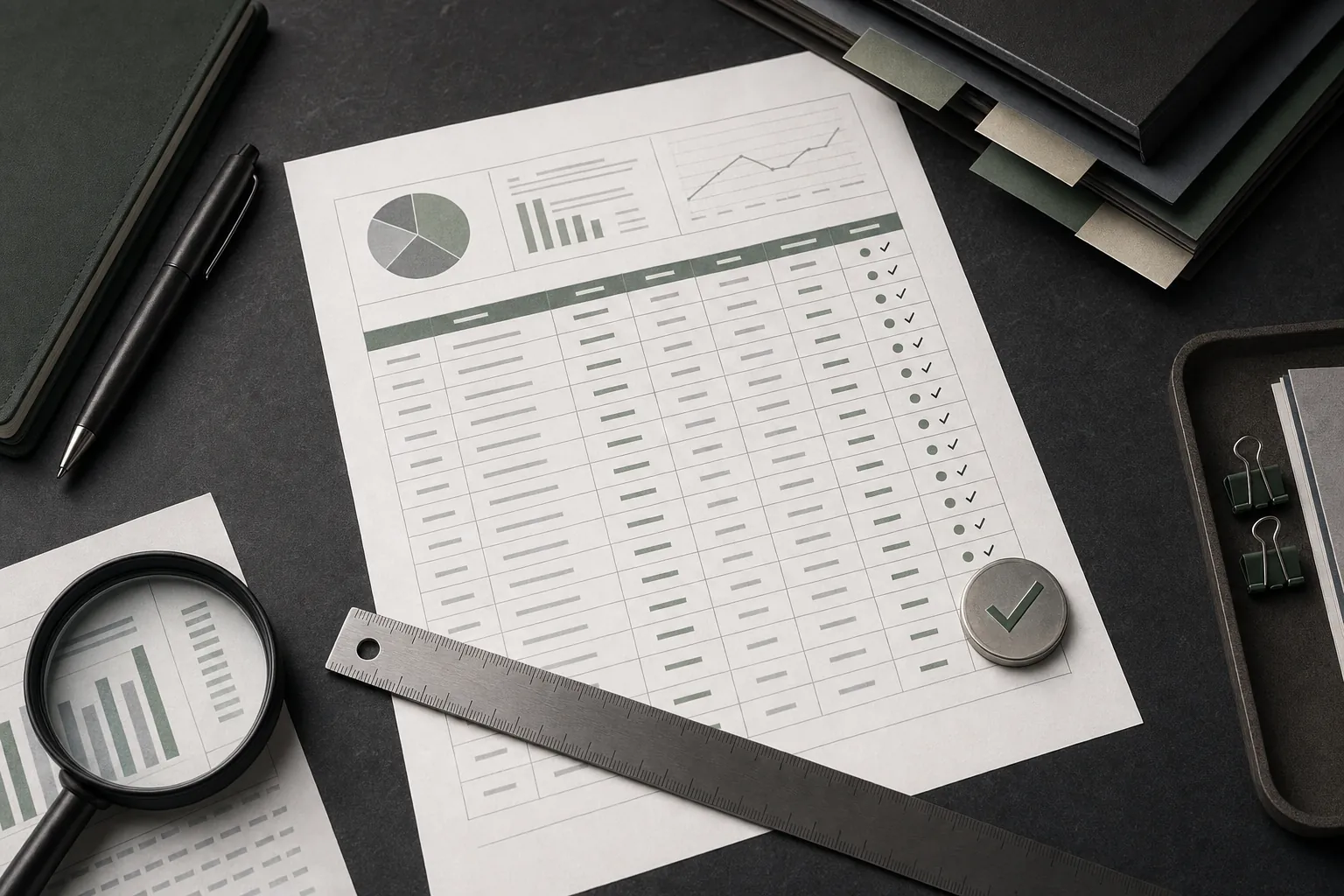 ETF composition worksheet being checked with a ruler, magnifying glass and validation marker