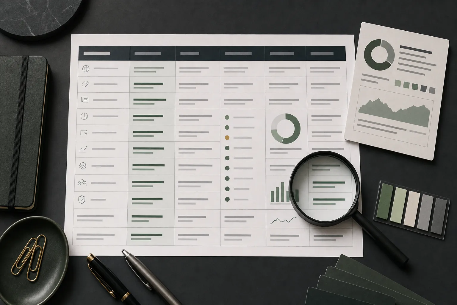 Fund-level ETF data worksheet with profile fields, validation markers and a magnifying glass