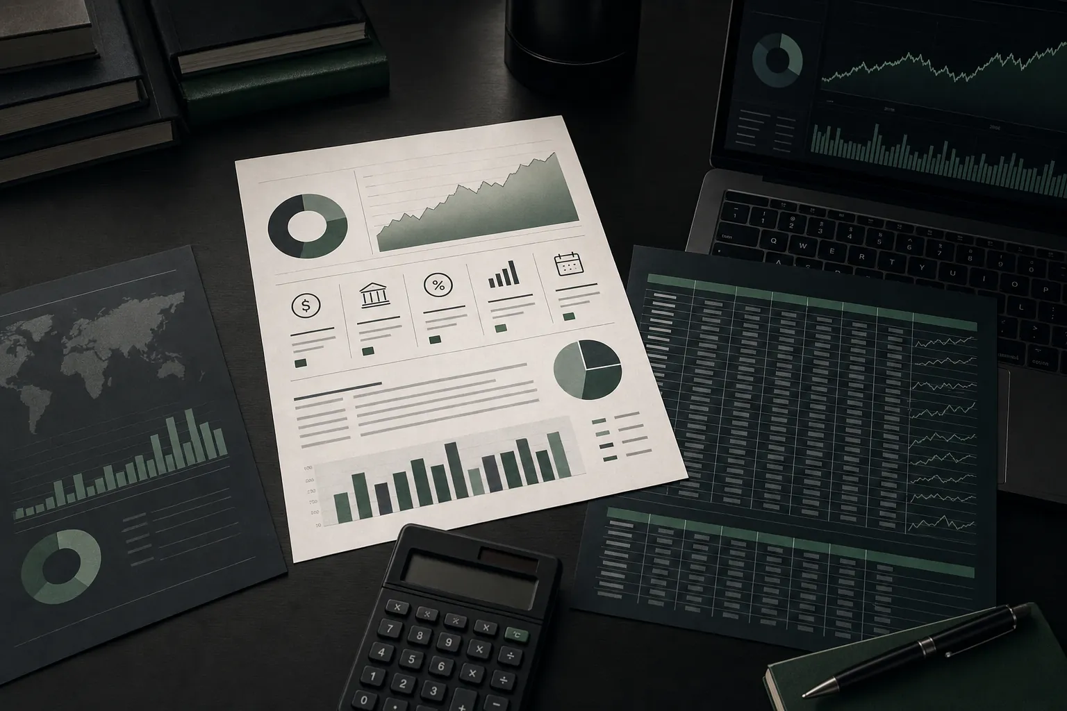 ETF fund profile sheets, data grids and a calculator arranged on a dark financial research desk