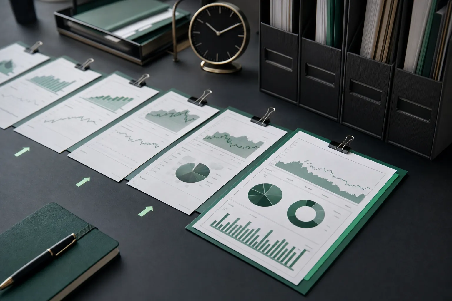 Dated ETF profile sheets arranged in sequence with a desk clock and archive folders
