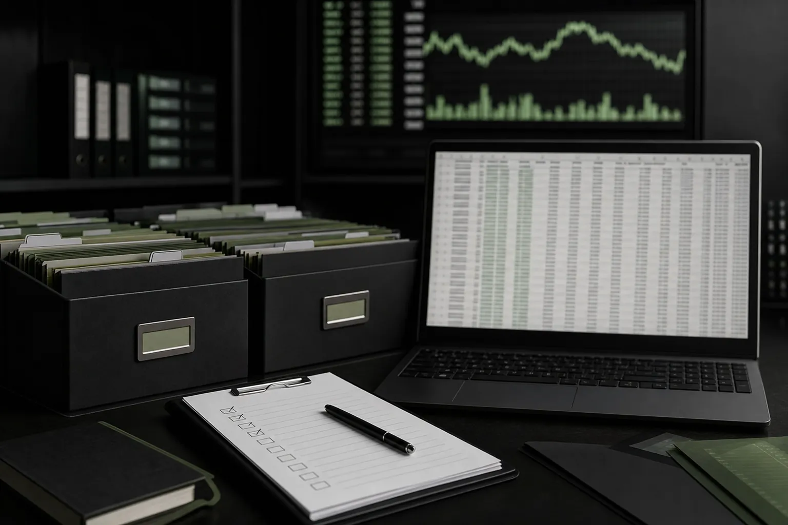 Organized ETF data archive folders beside a holdings file and an audit checklist