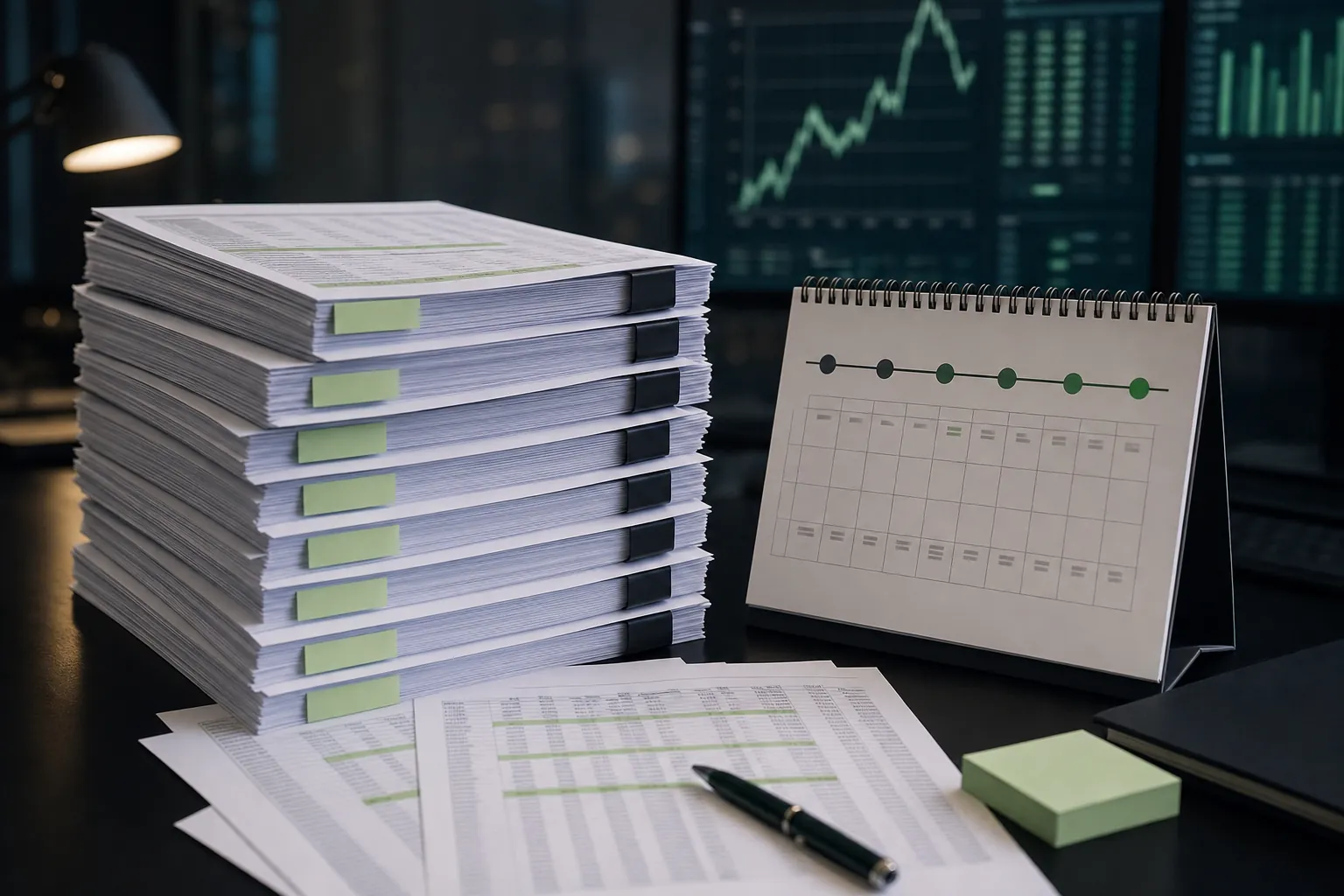 Stacked dated ETF files beside a calendar showing holdings changes over time