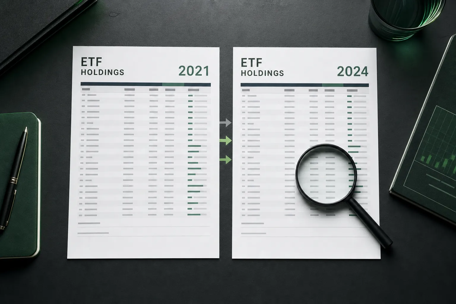 Two dated ETF holdings sheets arranged for a portfolio comparison