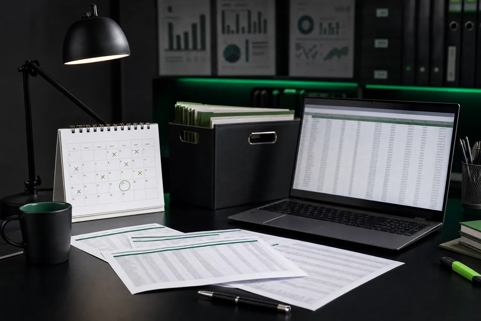 Dated ETF holdings files and archival folders arranged on a financial research desk