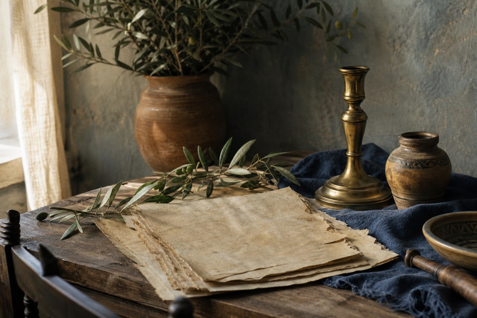 Parchment papers, olive branches, indigo cloth, and a brass candleholder on a writing table