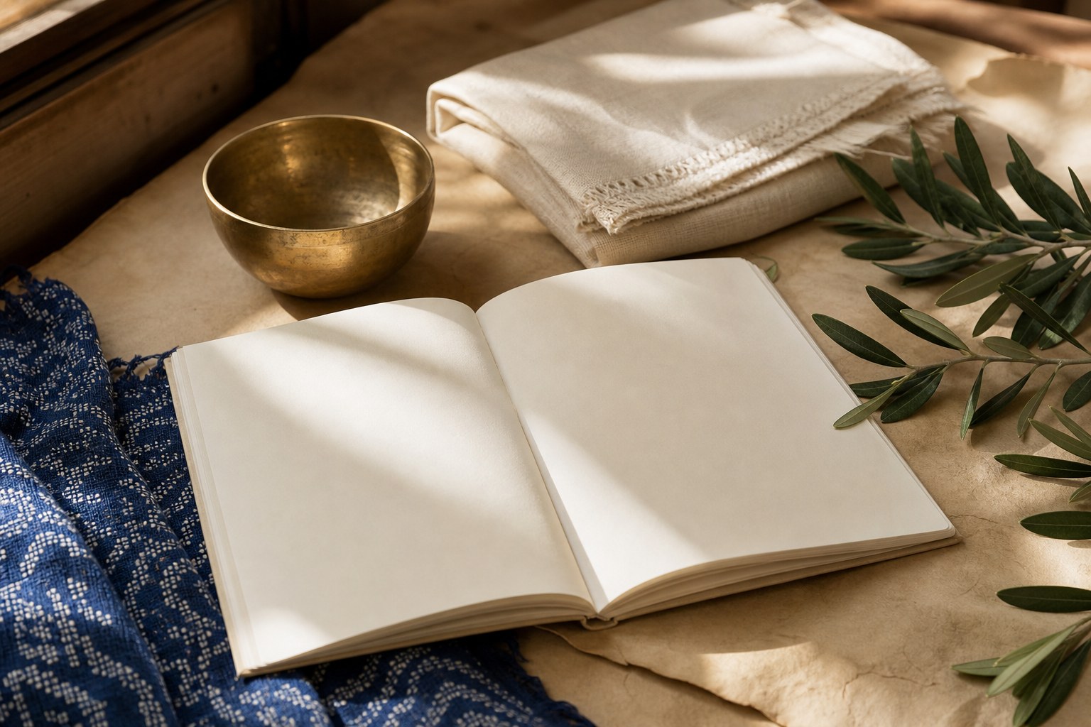 An open blank notebook with olive branches, a brass bowl, and folded linen in morning light