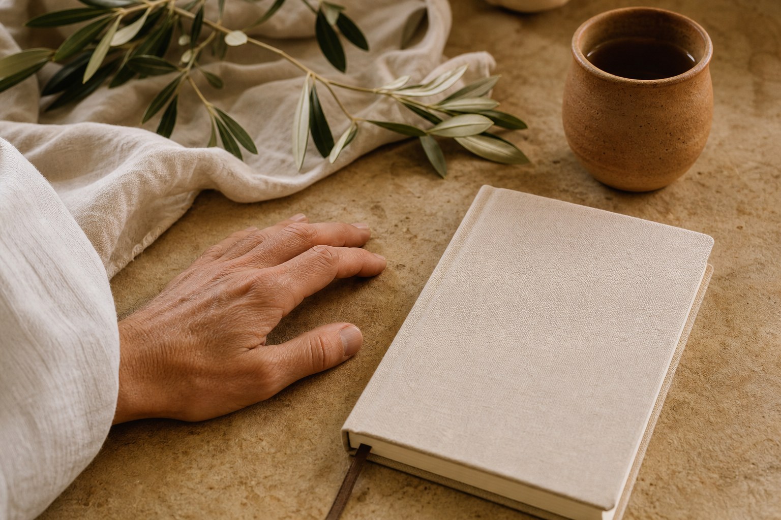 A hand resting beside an unmarked journal, olive leaves, and a clay cup