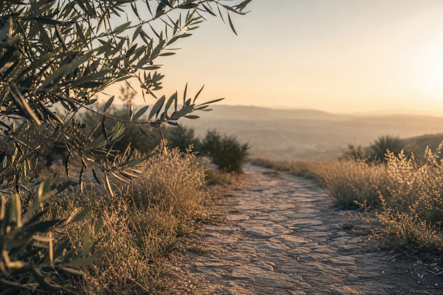 A quiet stone path through olive branches and grasses in dawn light