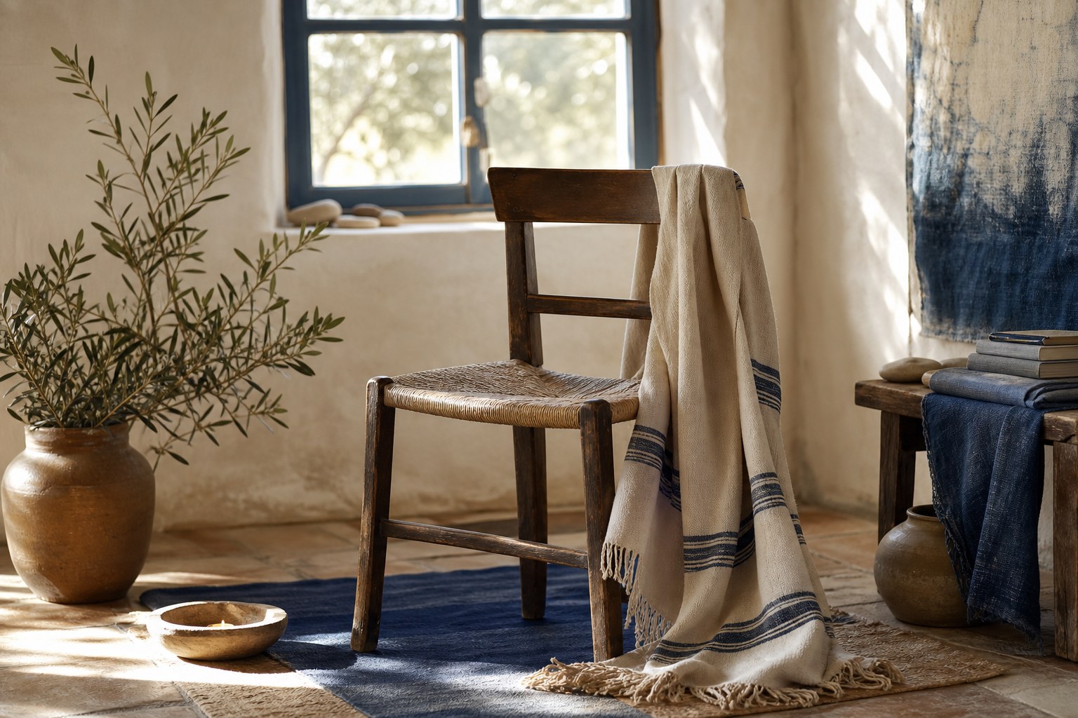 A wooden chair with a woven shawl beside a sunlit window