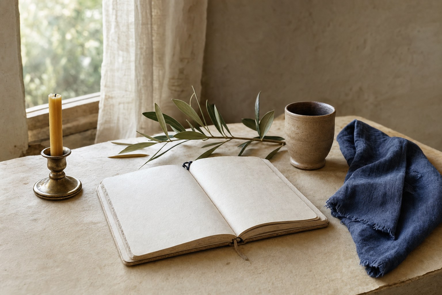 An open journal, a clay cup, olive branches, and an unlit candle on a parchment-colored table