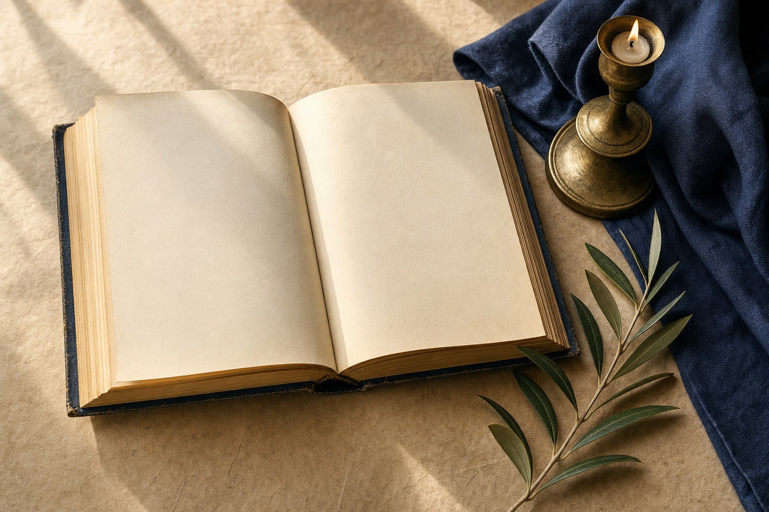 An open book with cream pages beside a brass candleholder and indigo linen