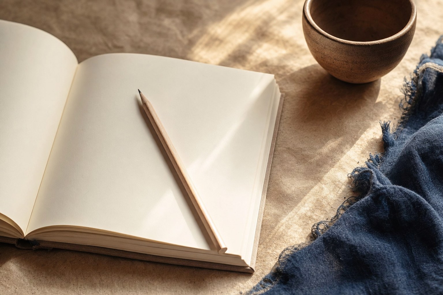 An open book with a pencil, clay cup, and indigo cloth in soft light