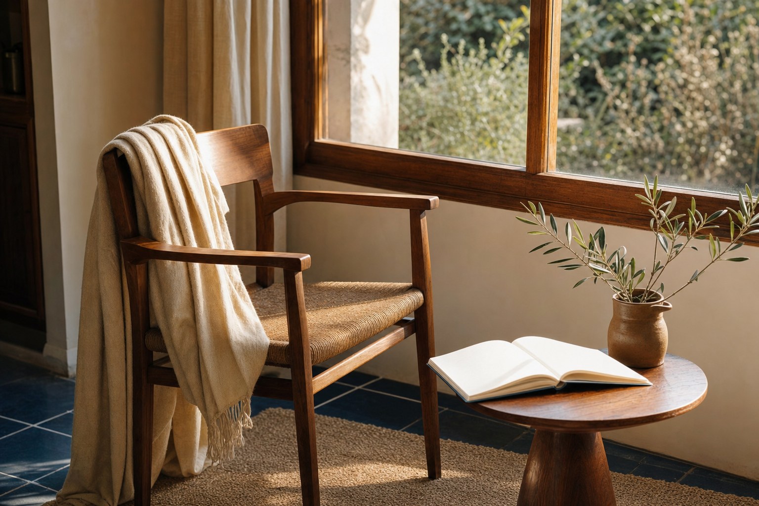A wooden chair and open notebook beside a sunlit window