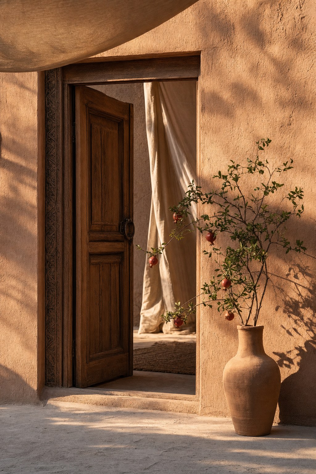 Open wooden door in a sun-washed adobe wall with linen and a pomegranate branch