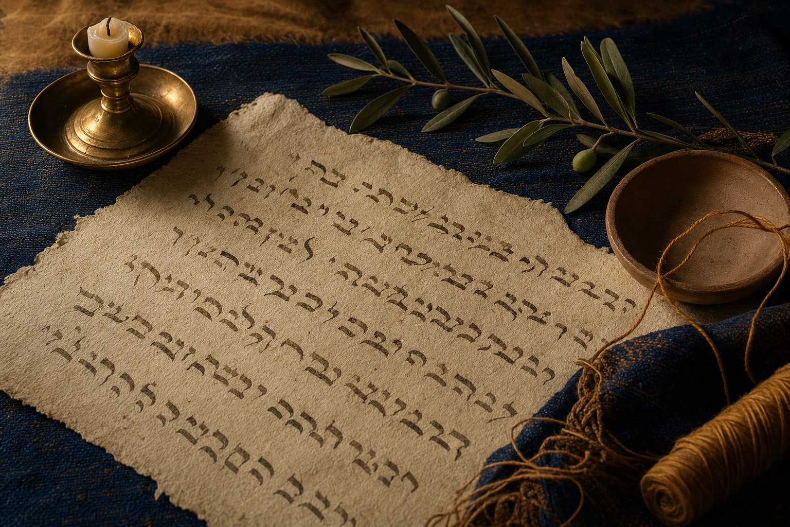 Handmade parchment, brass, olive branch, and indigo cloth