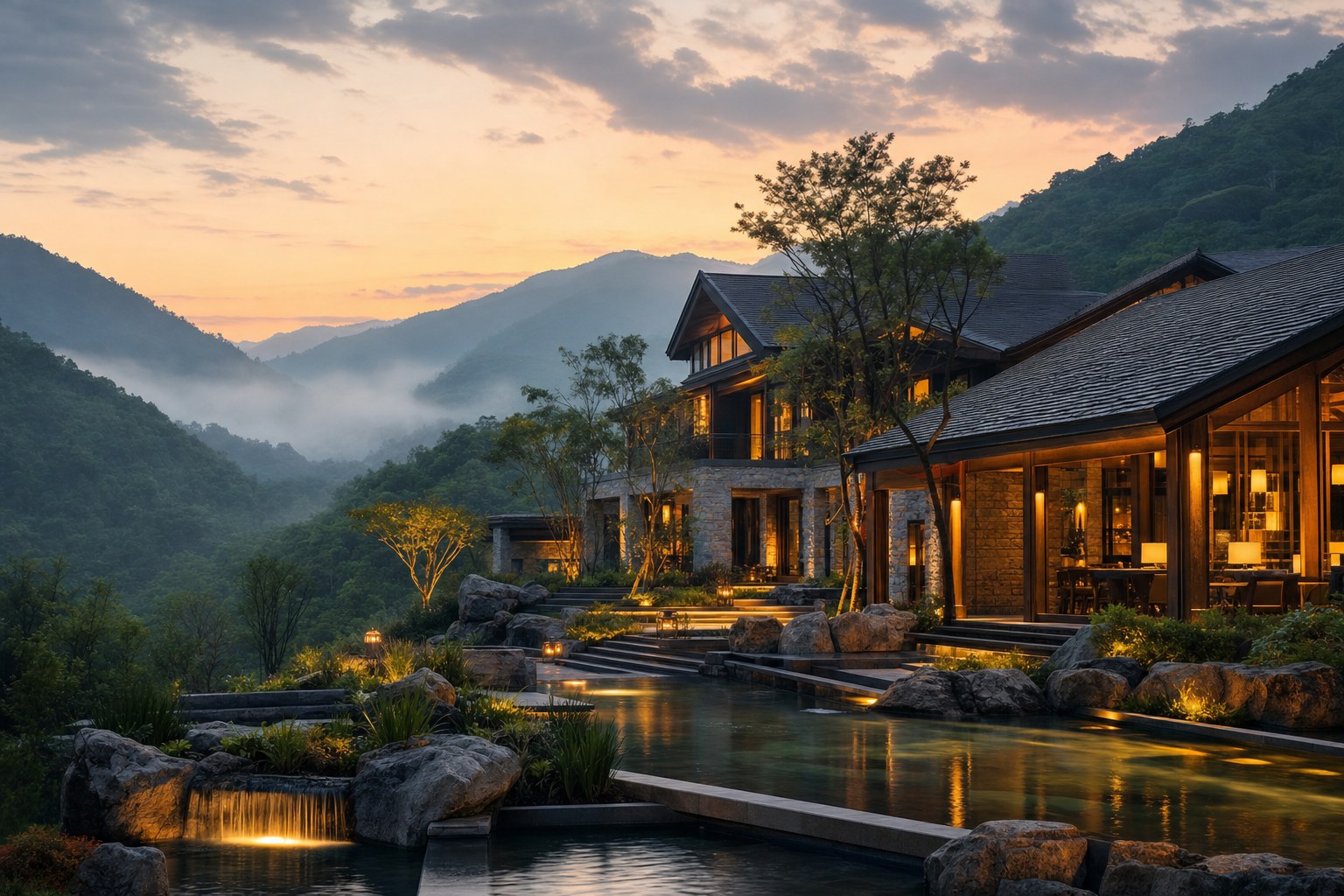 Resort lodge in a mountain valley