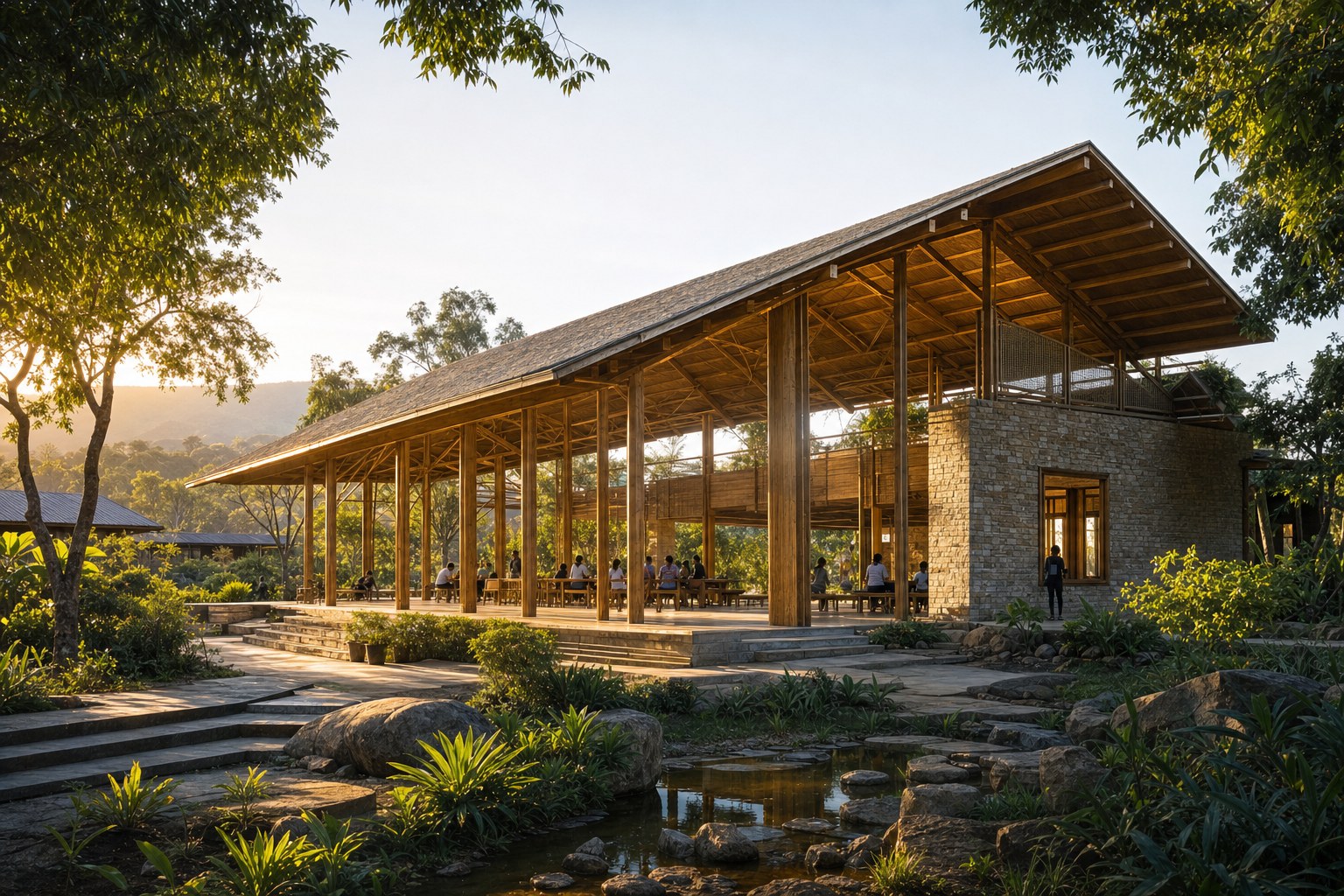 Community pavilion in a green landscape