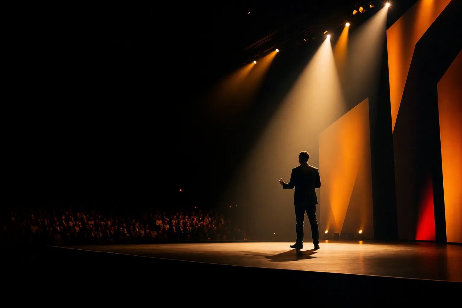 Conceptual keynote scene with an amber-lit speaker silhouette