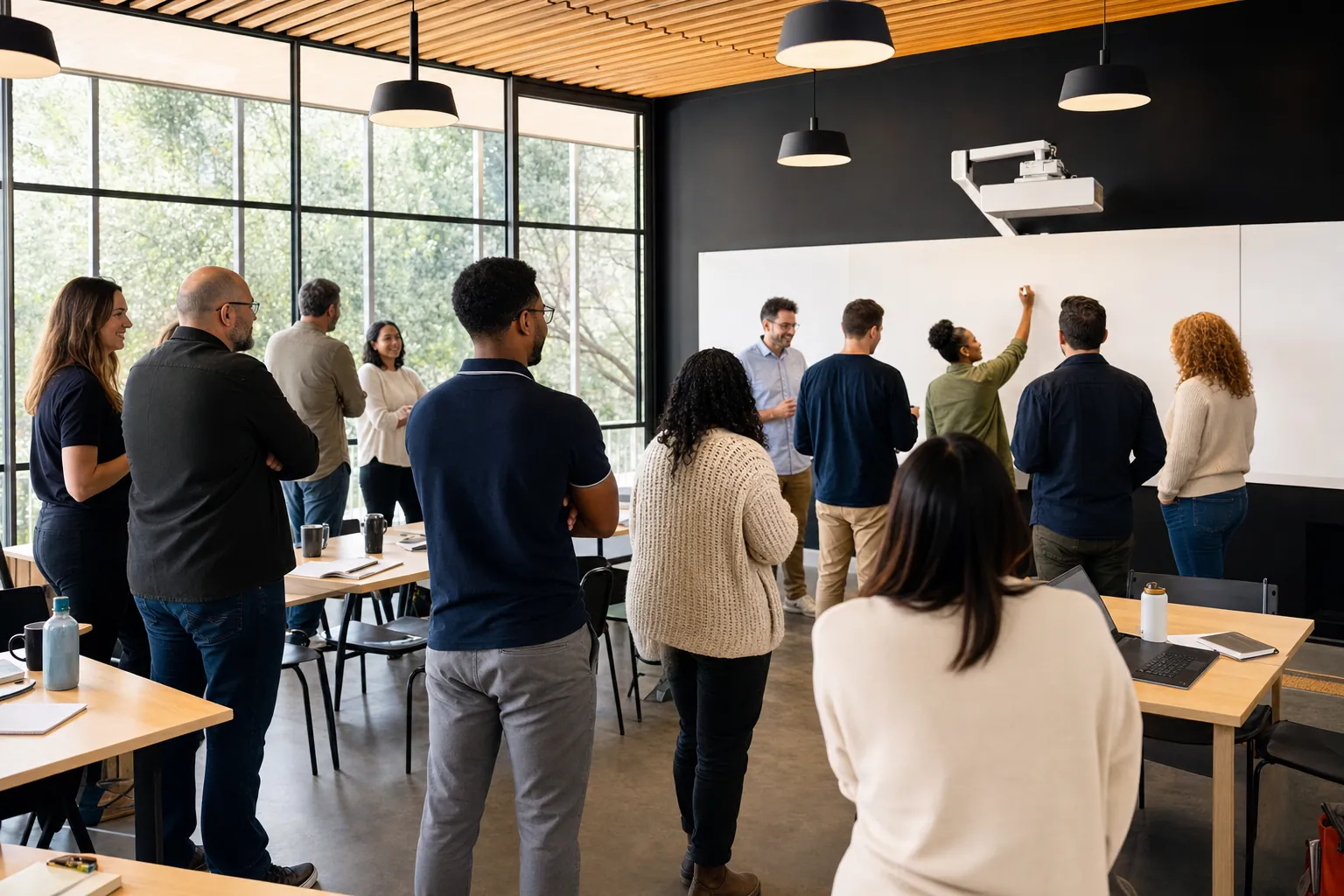 Adults collaborating in a modern training workshop