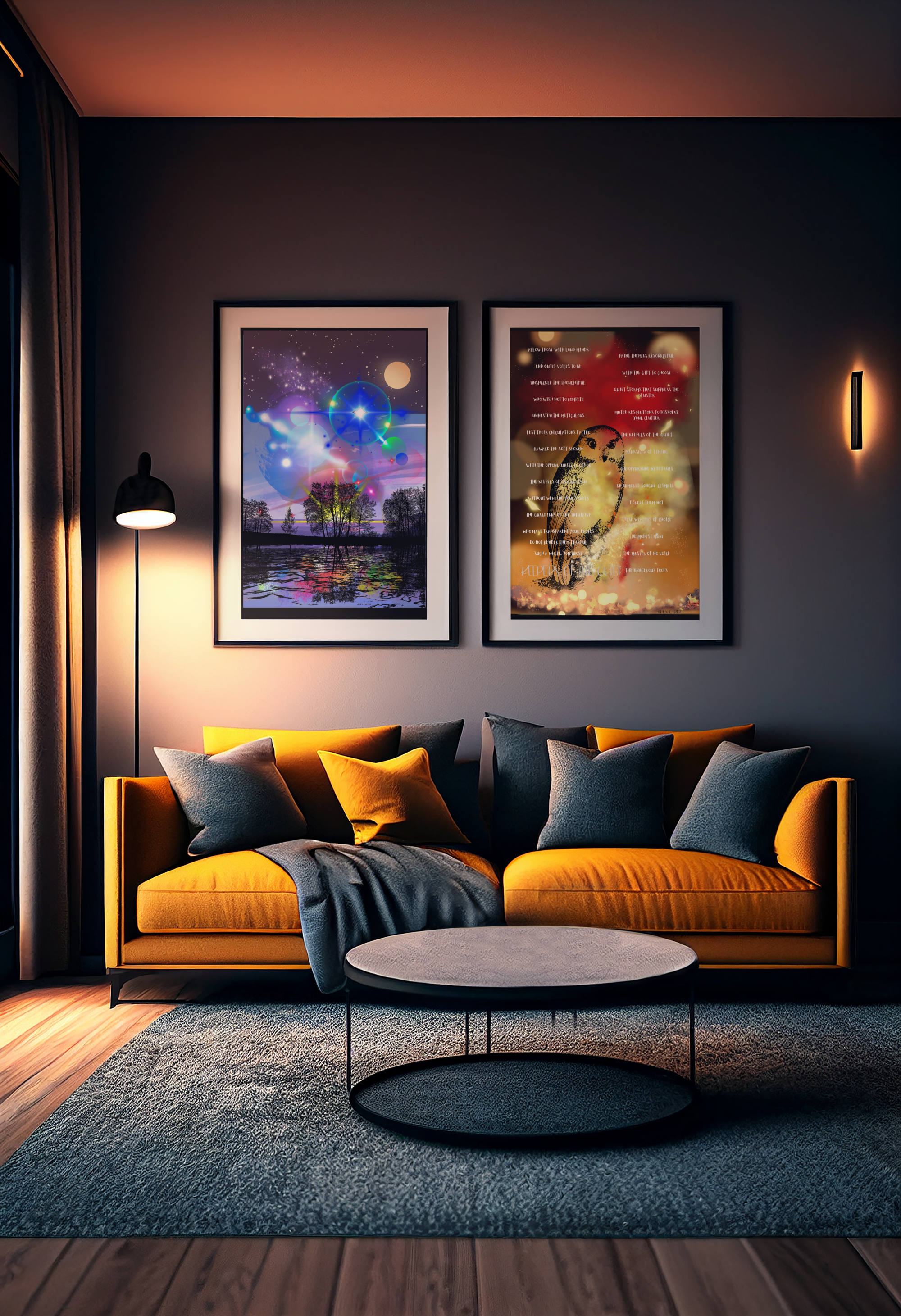 Cosmic art print styled in a green living room