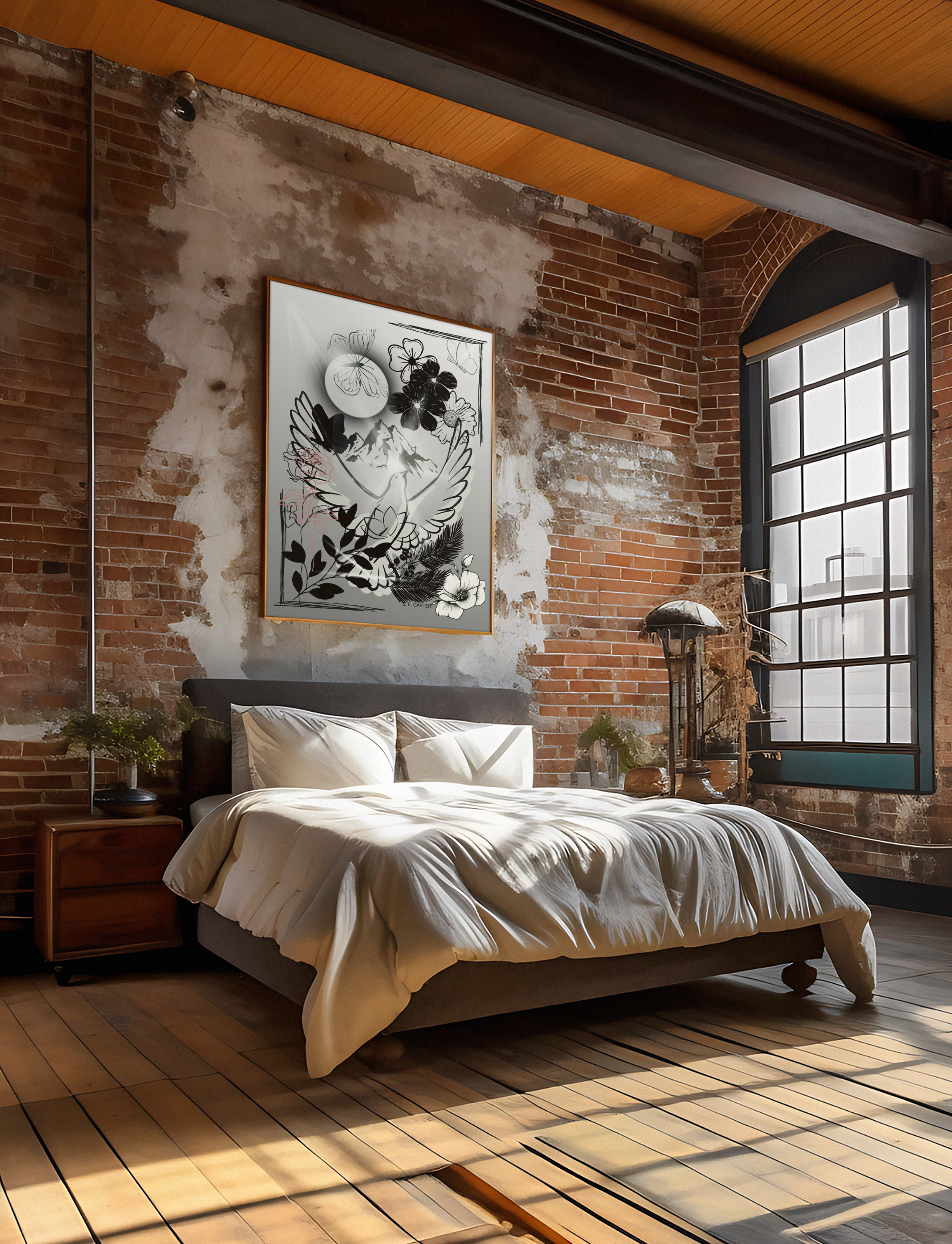 Floral collage print styled in a calm interior