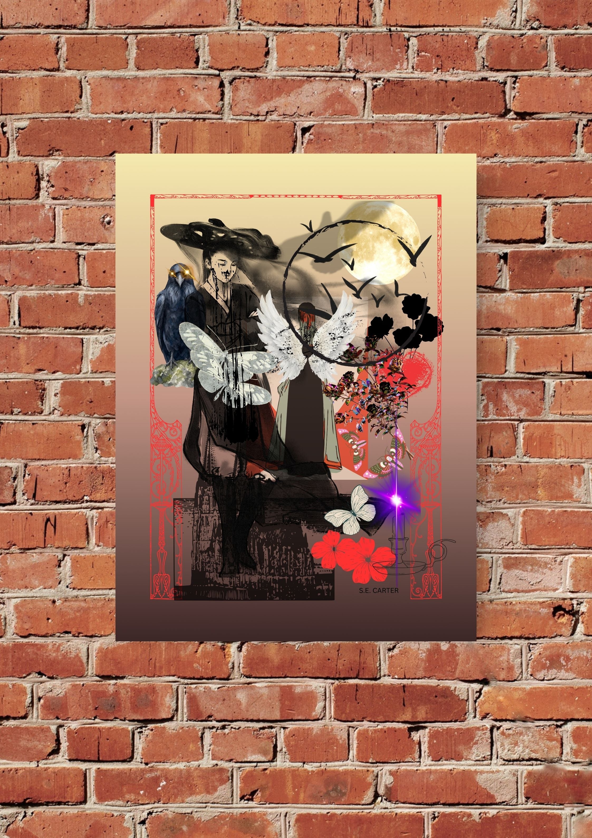 A surreal moonlit collage print displayed against a brick wall