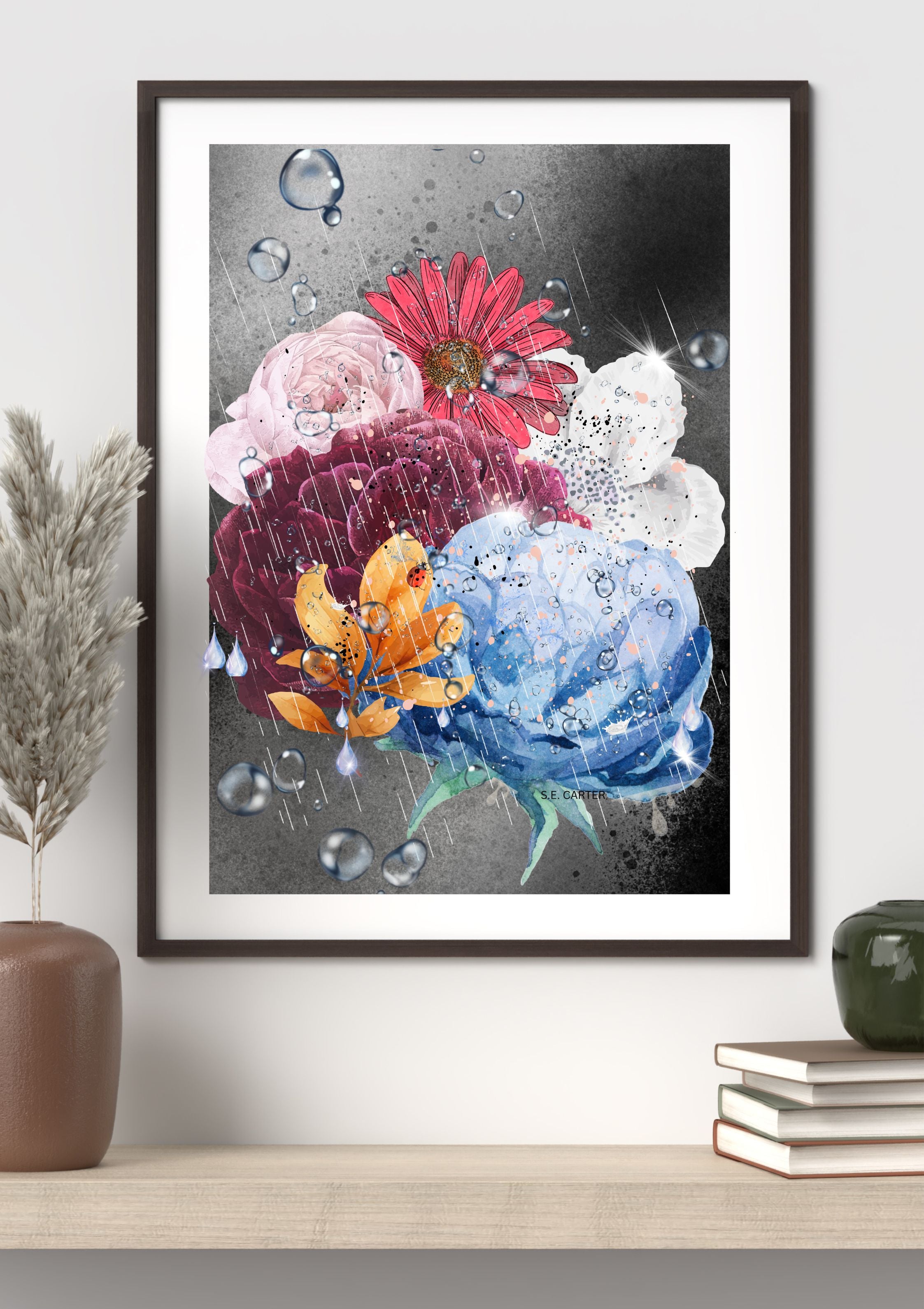 Vibrant floral art print in a dark wood frame