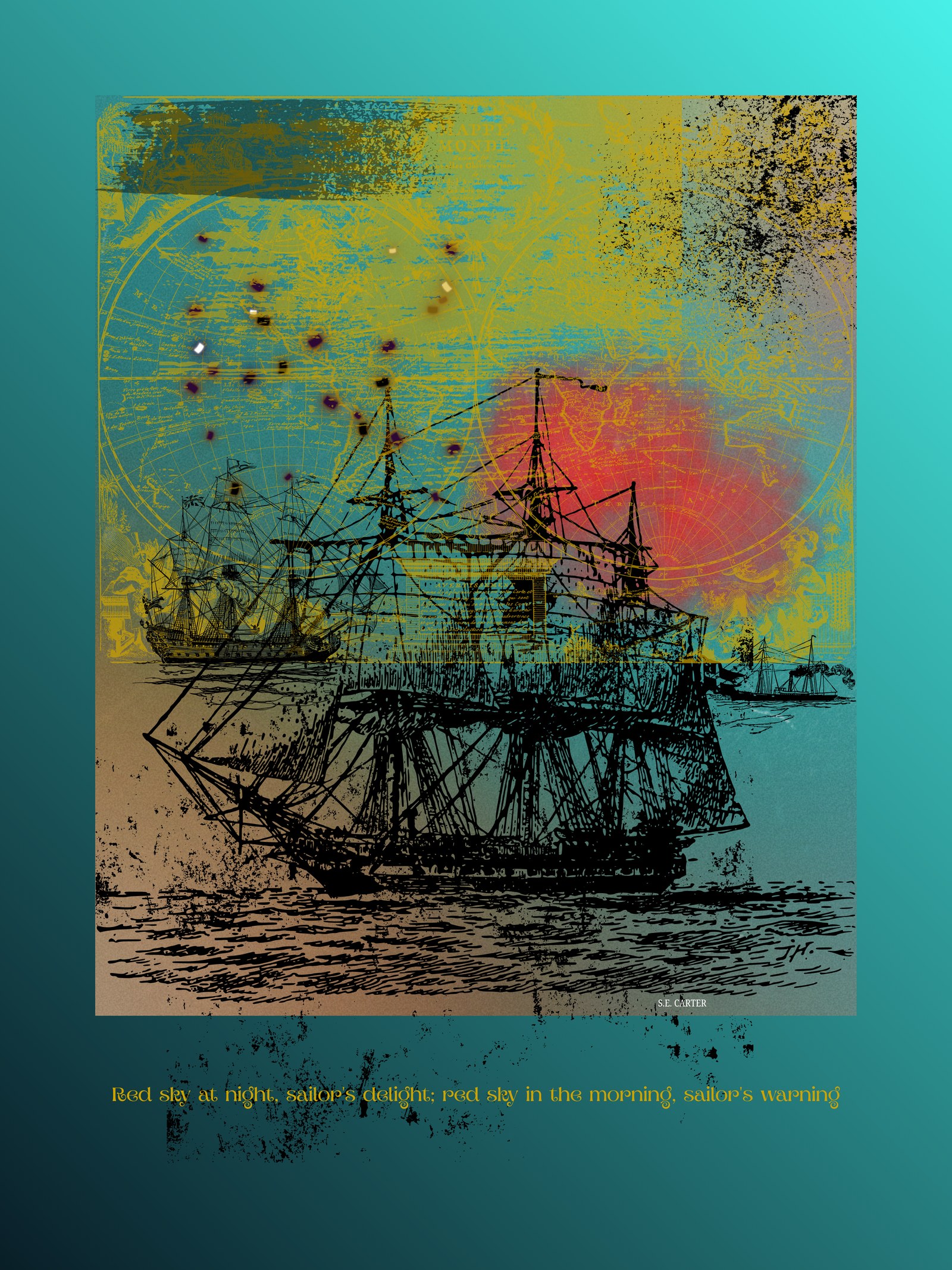 A sailing ship rendered in layered color and ink