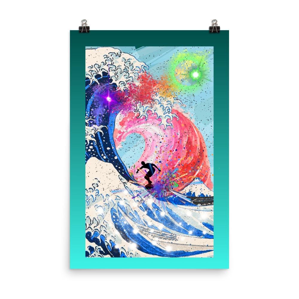 Wall art poster. Surreal, atmospheric, digital illustration -24X36 paper poster - "TECHNI-COLOR SURFER", gallery image 2