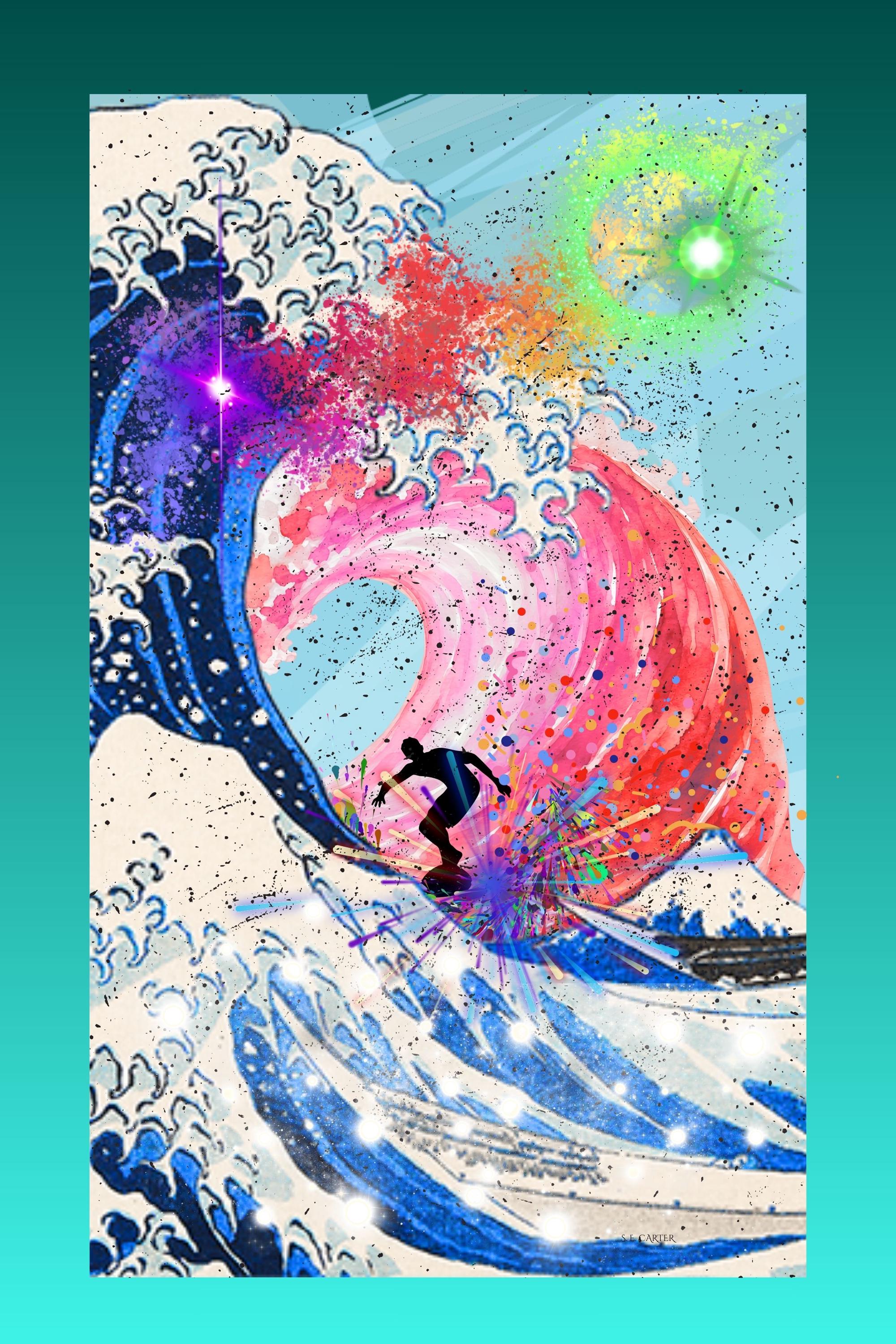 Wall art poster. Surreal, atmospheric, digital illustration -24X36 paper poster - "TECHNI-COLOR SURFER"