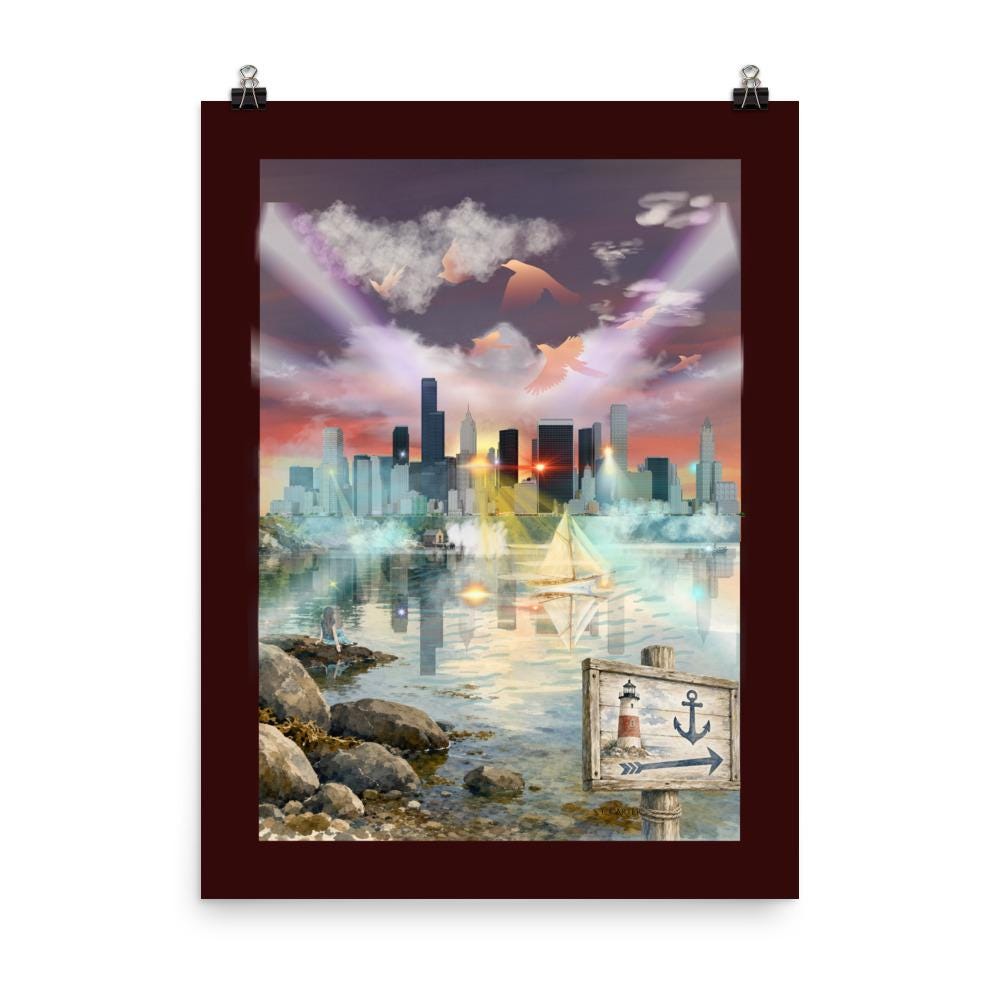 Surreal Digital Art Print, Atmospheric Cityscape, Harbour Scene, Wall Art (18x24), gallery image 2
