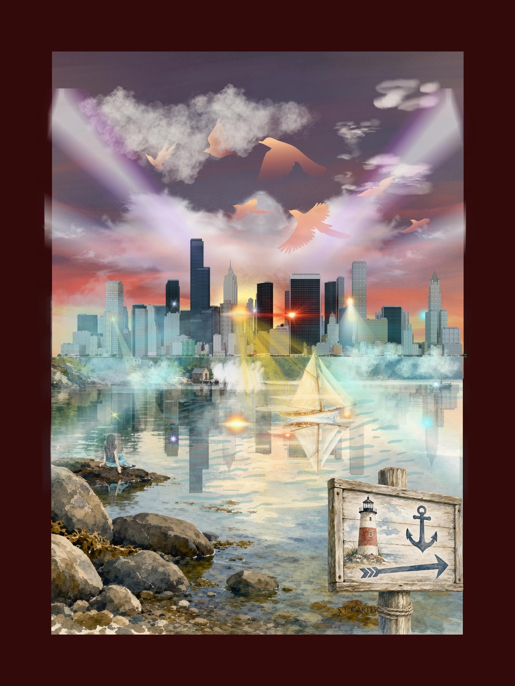 Surreal Digital Art Print, Atmospheric Cityscape, Harbour Scene, Wall Art (18x24)