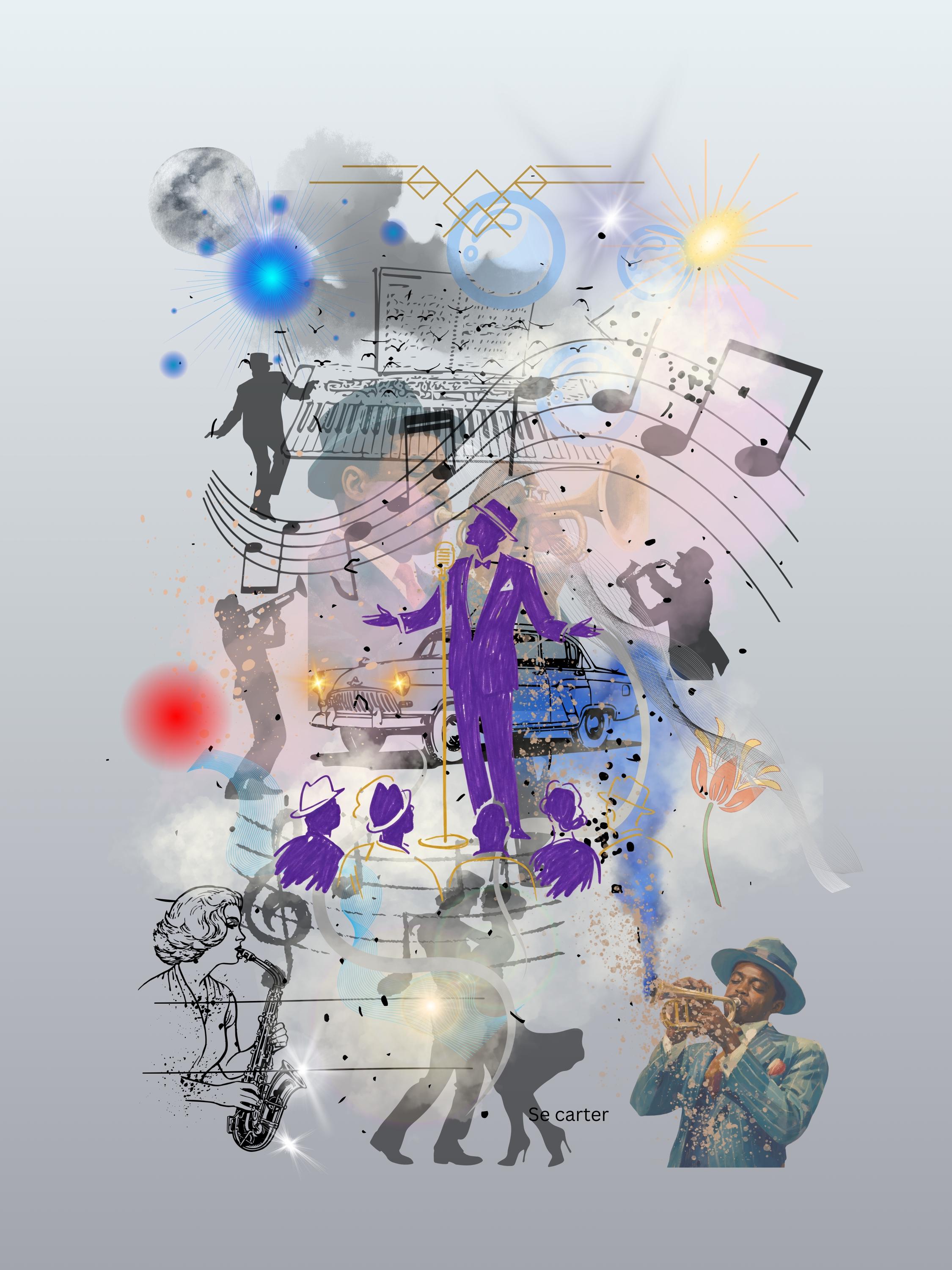 Wall art poster. Surreal, atmospheric, digital illustration -Jazz and blues, Photo paper poster 18X24