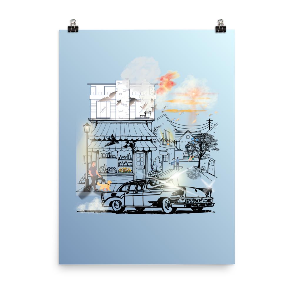 Wall art poster. Surreal Vintage Car Scene Poster, Atmospheric Digital Illustration Print, gallery image 2