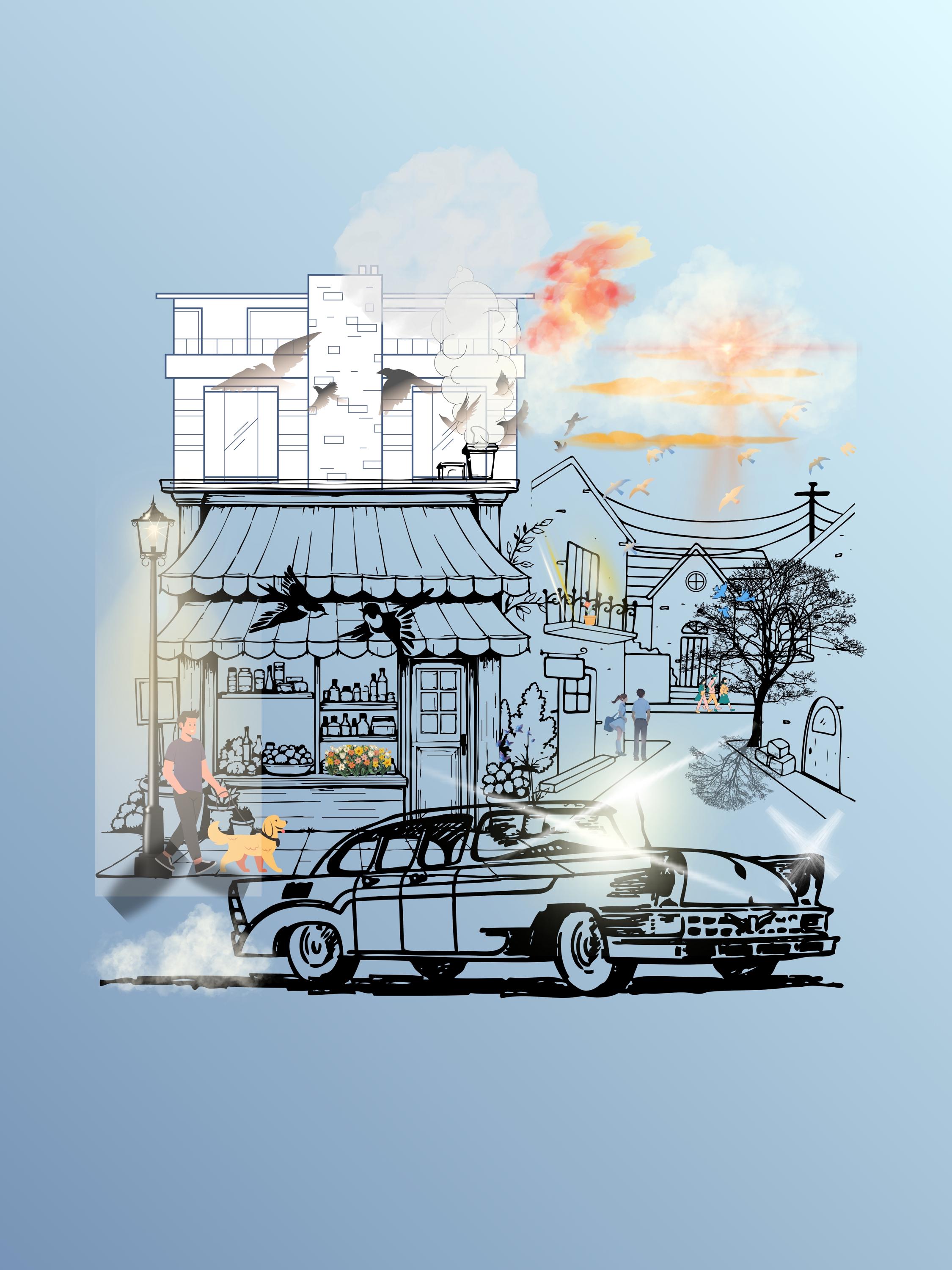 Wall art poster. Surreal Vintage Car Scene Poster, Atmospheric Digital Illustration Print