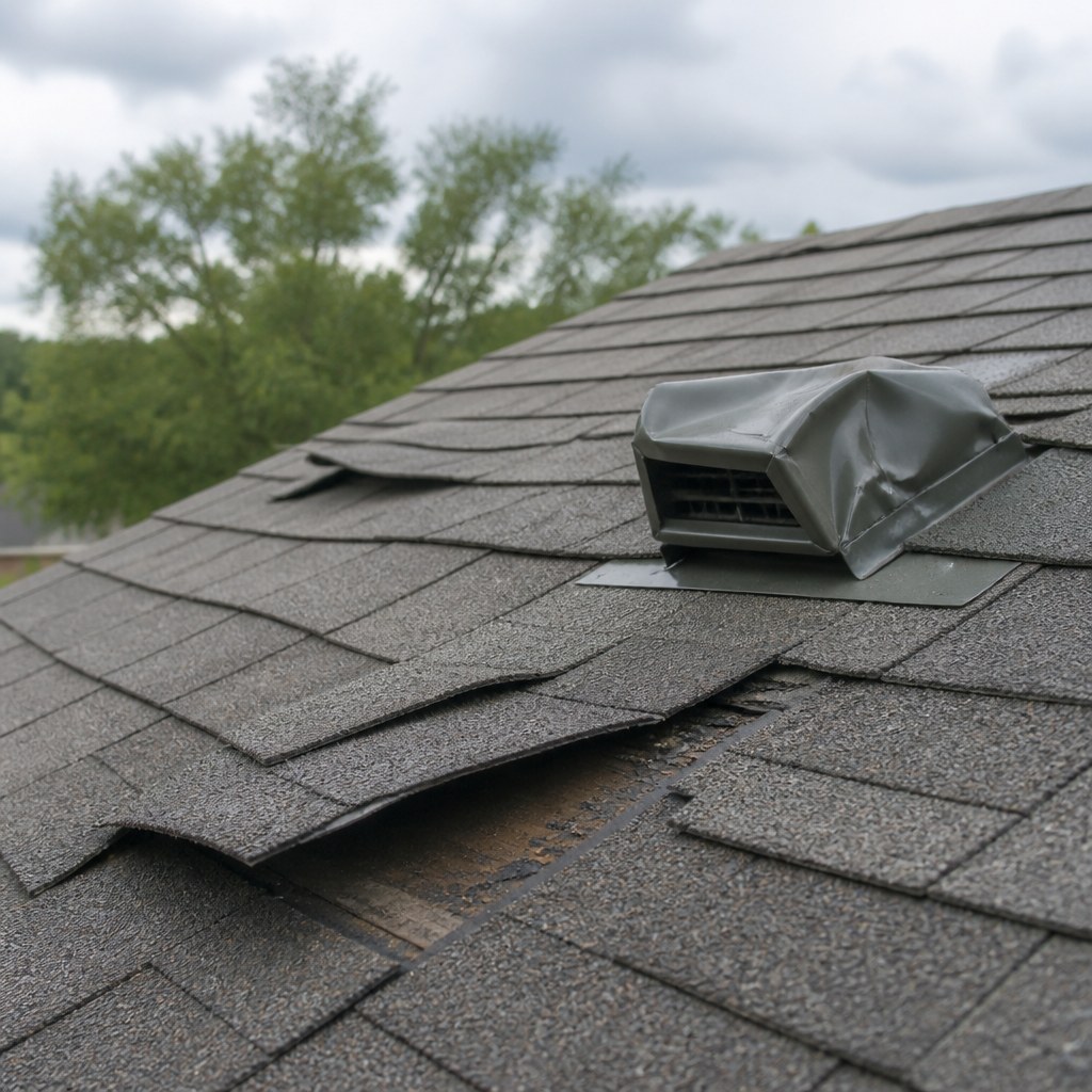 Wind-lifted shingles and damaged roof vent after a storm
