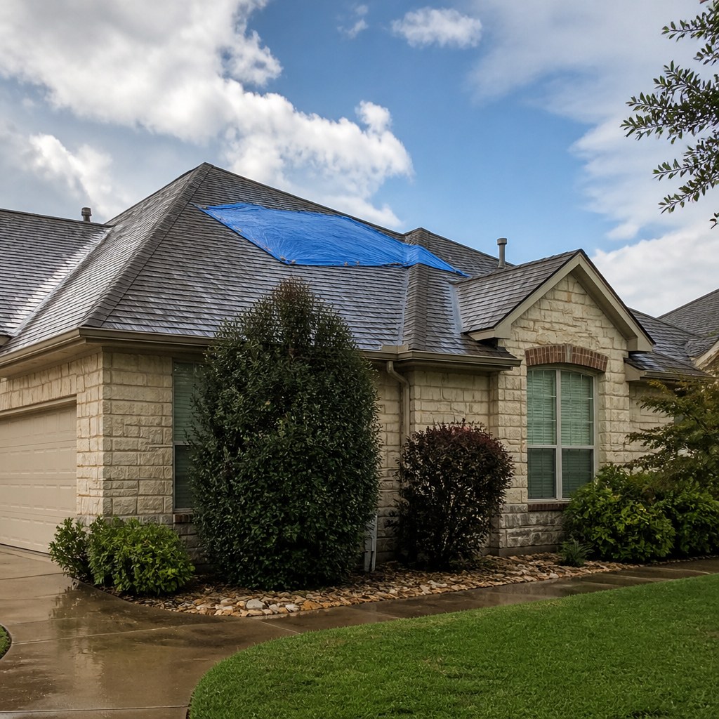 Central Texas home with a temporary blue roof tarp after a storm
