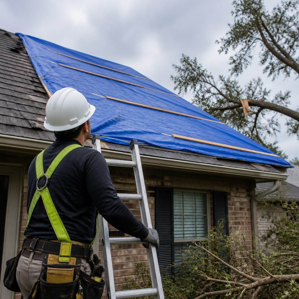 Roofing professional inspecting a temporary roof tarp from a safe ladder position