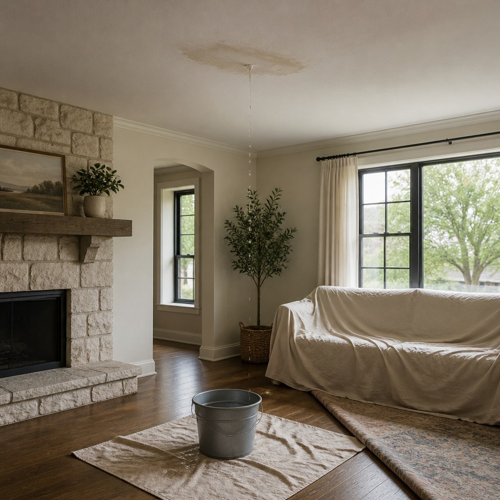 Living room protected during a small roof leak with a bucket collecting water